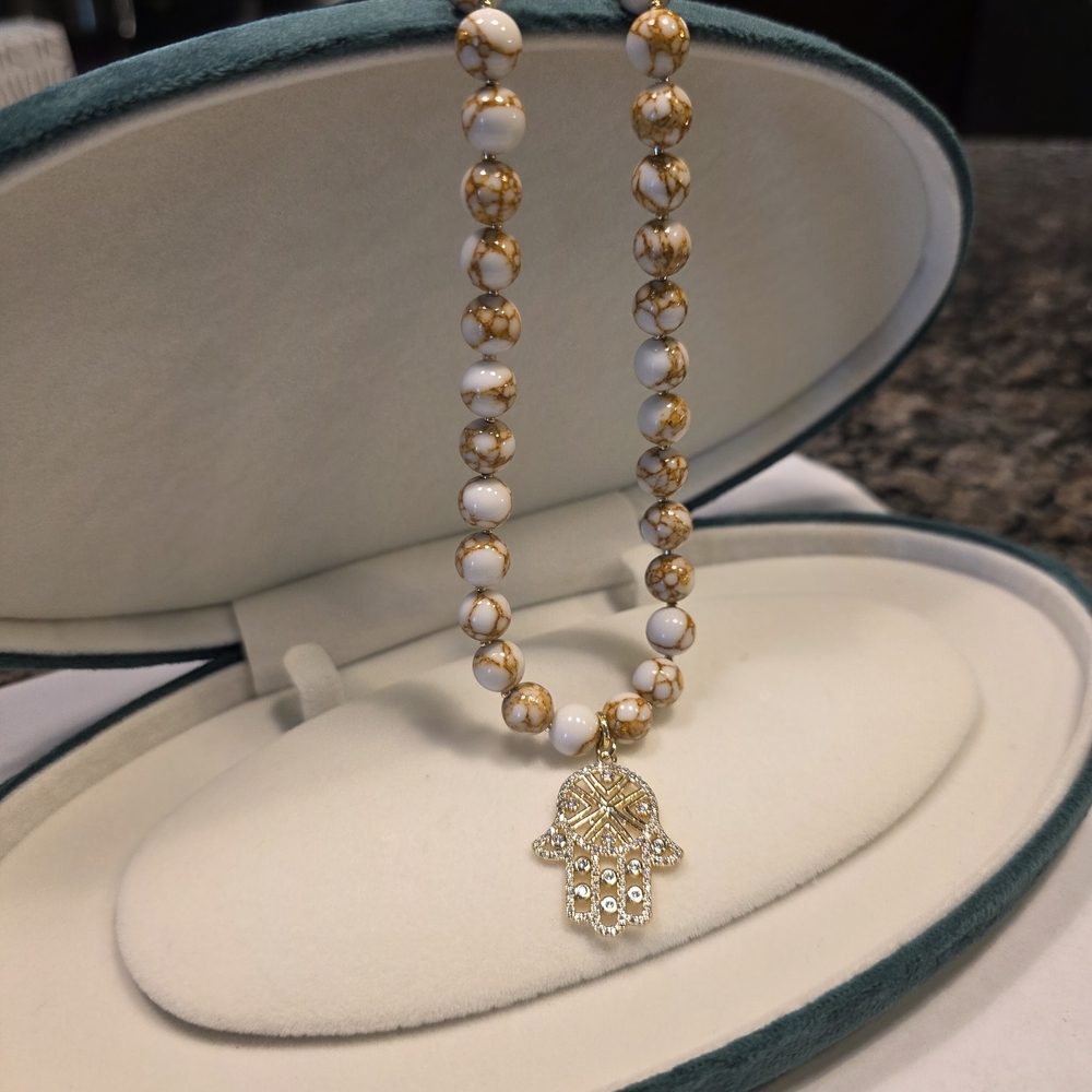 Gold, Tan and Cream Beaded Necklace with Hamsa Charm - Picture 5 of 6